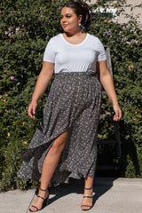 Black Floral Button Accent Hi-low Plus Skirt