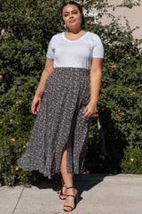 Black Floral Button Accent Hi-low Plus Skirt