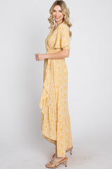 Yellow Floral Wrap Midi Dress