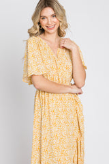 Yellow Floral Wrap Midi Dress