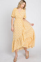 Yellow Floral Wrap Midi Dress