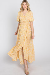 Yellow Floral Wrap Midi Dress