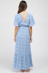 Light Blue Floral Wrap Maternity Midi Dress