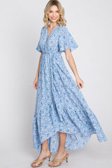 Light Blue Floral Wrap Midi Dress