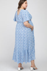 Light Blue Floral Wrap Maternity Plus Midi Dress