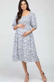 Blue Floral Smocked Maternity Midi Dress