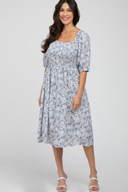 Blue Floral Smocked Midi Dress