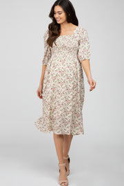 Cream Floral Smocked Maternity Midi Dress