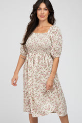 Cream Floral Smocked Midi Dress