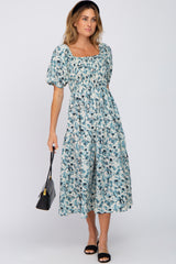 Teal Floral Square Neck Smocked Midi Dress