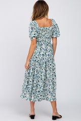 Teal Floral Square Neck Smocked Midi Dress