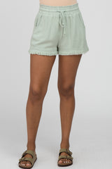 Light Olive Linen Fringe Hem Drawstring Shorts