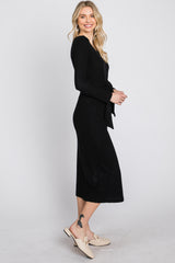 Black Ribbed Knit Front Tie Midi Dress