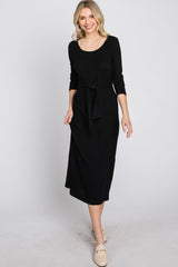 Black Ribbed Knit Front Tie Midi Dress