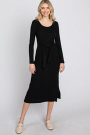 Black Ribbed Knit Front Tie Midi Dress