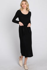 Black Ribbed Knit Front Tie Midi Dress