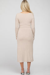 Beige Ribbed Knit Front Tie Maternity Midi Dress