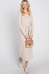 Beige Ribbed Knit Front Tie Maternity Midi Dress