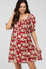 Red Floral Smocked Maternity Dress