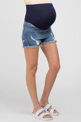 Blue Distressed Maternity Jean Shorts