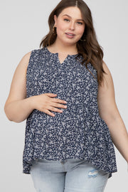 Navy Blue Floral Split V-Neck Ruffle Hem Hi-Low Maternity Plus Top