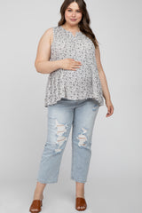 White Floral Split V-Neck Ruffle Hem Hi-Low Maternity Plus Top