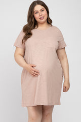 Light Pink Heathered Pocket Front Maternity Plus T-Shirt Dress