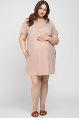 Light Pink Heathered Pocket Front Maternity Plus T-Shirt Dress