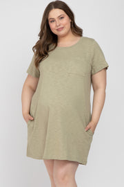 Olive Heathered Pocket Front Maternity Plus T-Shirt Dress