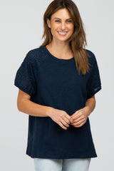 Navy Blue Oversized Eyelet Puff Sleeve Maternity Top