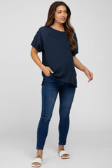 Navy Blue Oversized Eyelet Puff Sleeve Maternity Top