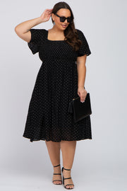 Black Embroidered Dot Smocked Square Neck Plus Midi Dress