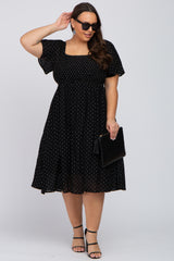 Black Embroidered Dot Smocked Square Neck Maternity Plus Midi Dress