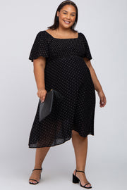 Black Embroidered Dot Smocked Square Neck Maternity Plus Midi Dress