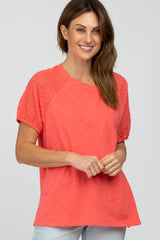 Coral Oversized Eyelet Puff Sleeve Maternity Top