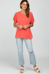 Coral Oversized Eyelet Puff Sleeve Top