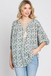 Green Floral Print Tassel Tie Top