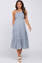 Blue Floral Smocked Halter Neck Maternity Midi Dress