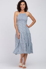 Blue Floral Smocked Halter Neck Maternity Midi Dress