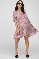 Mauve Floral Ruffle Accent Maternity Dress