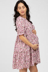 Mauve Floral Ruffle Accent Maternity Dress