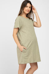 Olive Heathered Pocket Front Maternity T-Shirt Dress