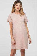 Light Pink Heathered Pocket Front Maternity T-Shirt Dress