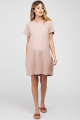 Light Pink Heathered Pocket Front Maternity T-Shirt Dress