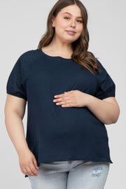 Navy Blue Oversized Eyelet Puff Sleeve Maternity Plus Top