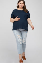 Navy Blue Oversized Eyelet Puff Sleeve Maternity Plus Top