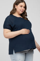 Navy Blue Oversized Eyelet Puff Sleeve Maternity Plus Top