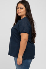 Navy Blue Oversized Eyelet Puff Sleeve Plus Top