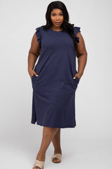 Navy Ruffle Sleeve Maternity Plus T-Shirt Midi Dress