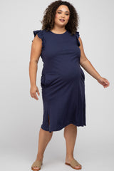 Navy Ruffle Sleeve Maternity Plus T-Shirt Midi Dress